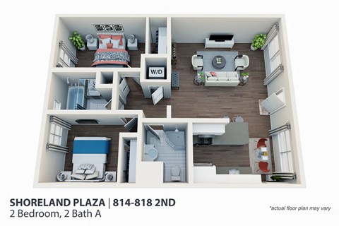 Floor plan for 2 beds, 2 baths, 825 sqft
